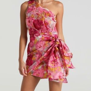 One Shoulder Pink Fuschia Floral Mini Dress